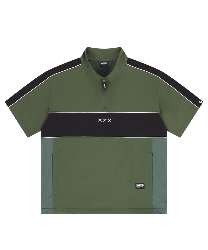 Jamie West Piping Ventilation Half Zip-Up Stand Collar Polo Shirts - Khaki