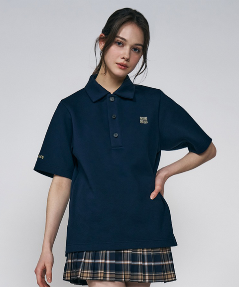 LENUCU Button Collar Big T-shirt - Navy