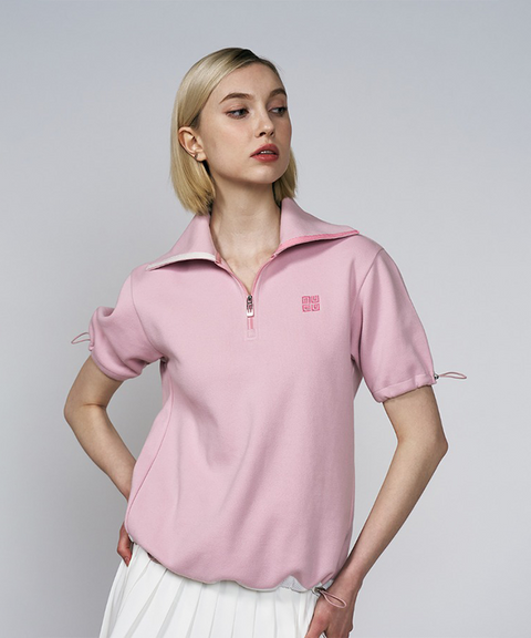 LENUCU Half Zip-Up Short Sleeve T-Shirt - Pink