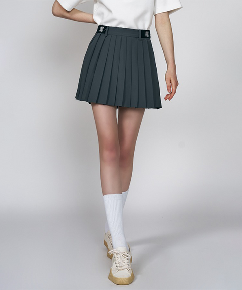 LENUCU Logo Banding Pleated Skirt - Gray