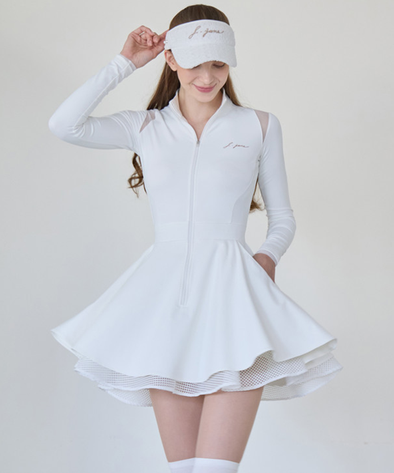 J.Jane Mochi Long Sleeve Double Flared Dress - White