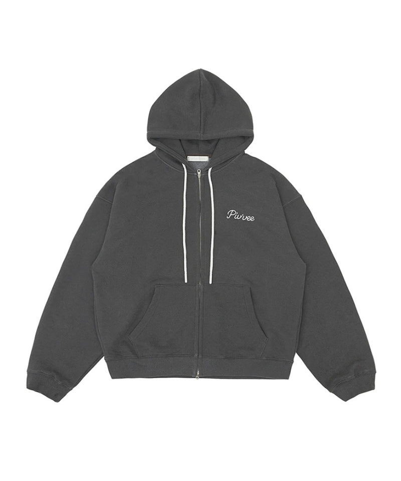 Logo Embroidered Zip-up Hoodie - Fuzzy Charcoal