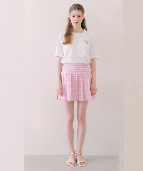 PIV'VEE Gingham Pleated Seersucker Skirt - Bubble Pink