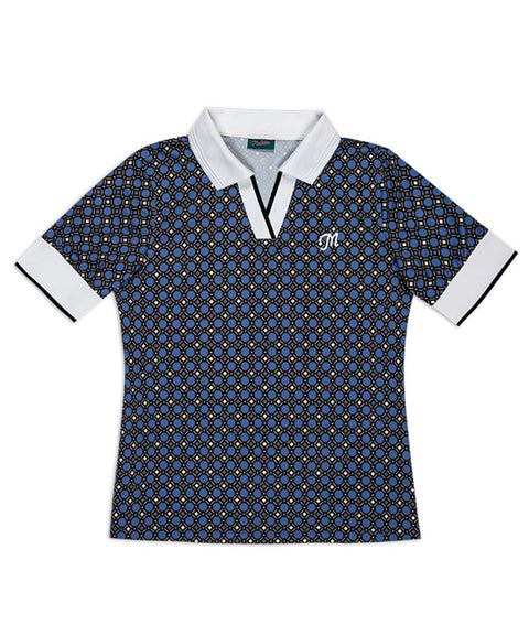 MEASPHERA WOMEN REGULAR-FIT OPEN COLLAR PATTERN POLO SHIRT - BLUE