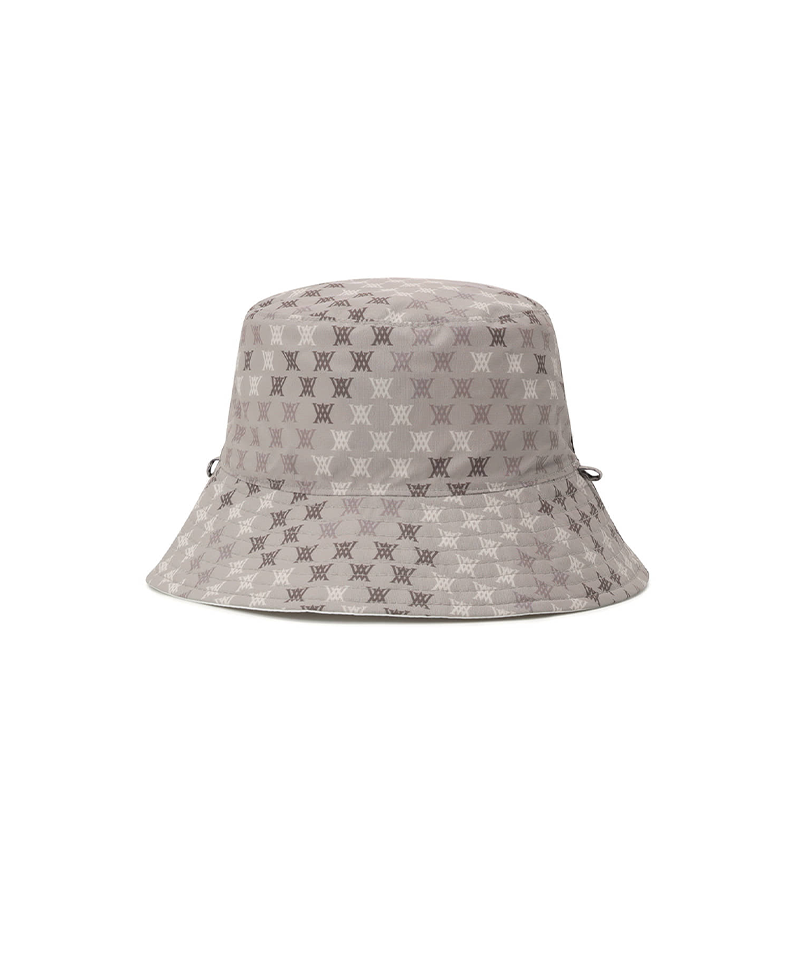 White logo mosaic reversible bucket golf hat, side view
