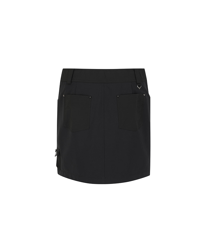Women’s black fabric mix cargo golf skirt, back view