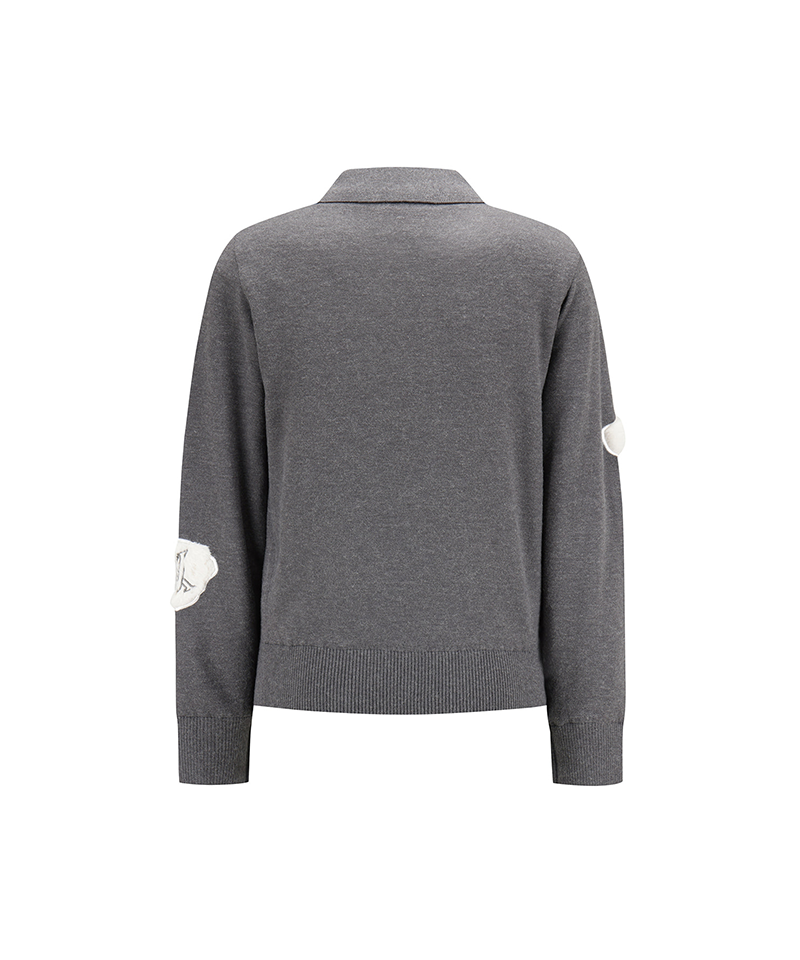 A dark gray knit cardigan sweater shown from the back, featuring a collar, ribbed cuffs and hem, and two contrasting white circular patch details on the sleeves.