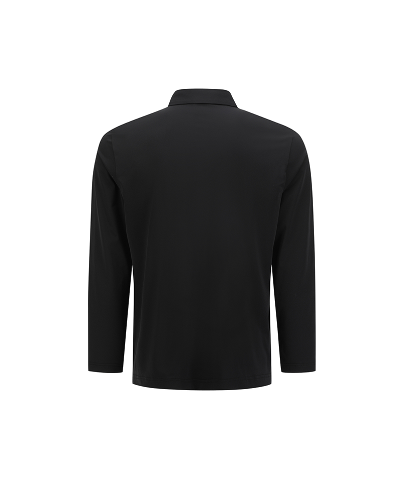 Men’s black solid long sleeve collar golf t-shirt, back view