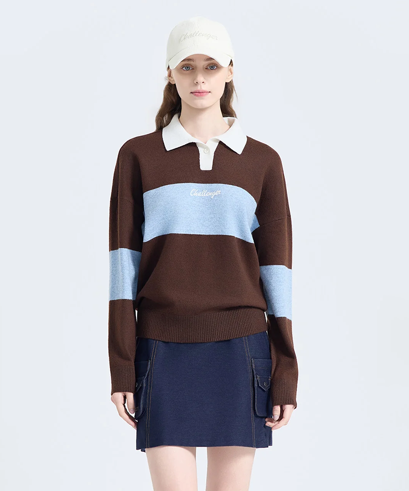 Challenger Women's Border Open Collar Knit Pullover - Brown