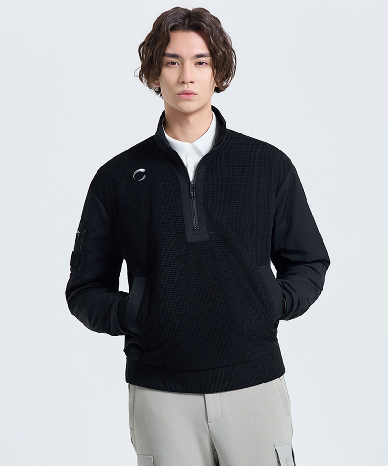 Challenger Men's Coreflex Waffle Mix Half-Zip Padded Woven Top - Black