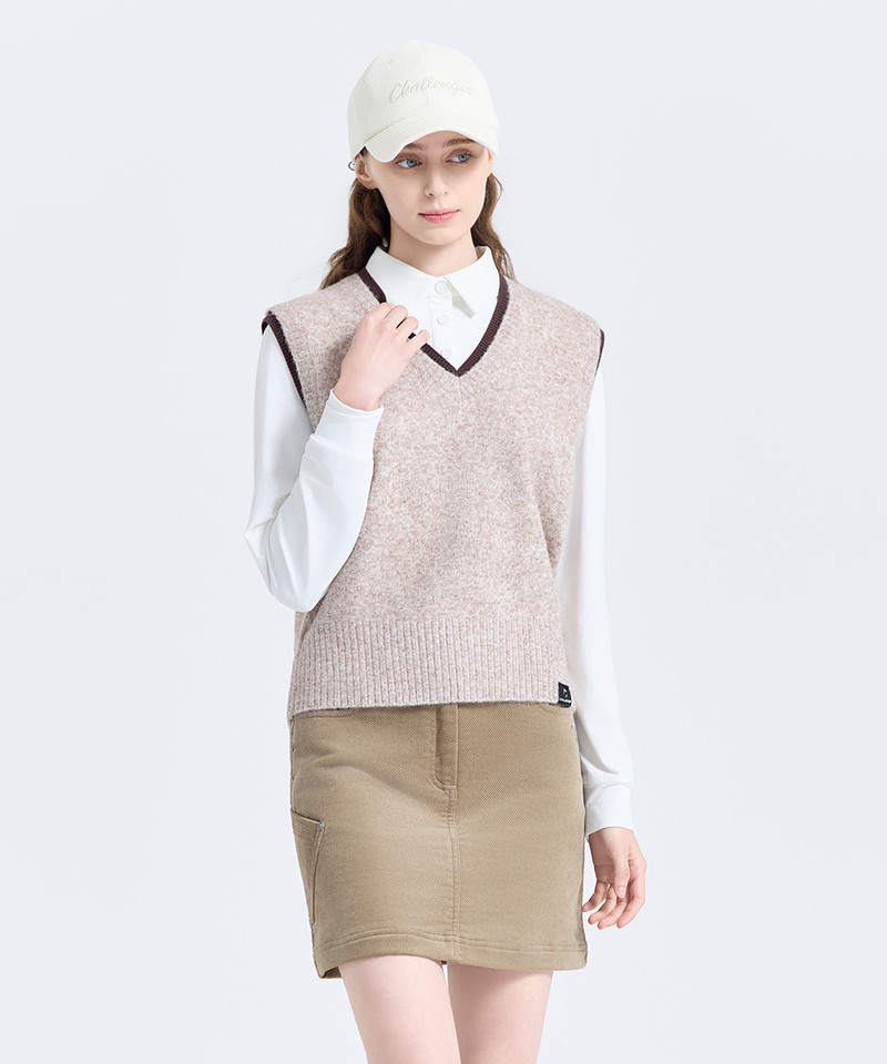 Challenger Women's Layered Color Block V-Neck Knit Vest - Beige