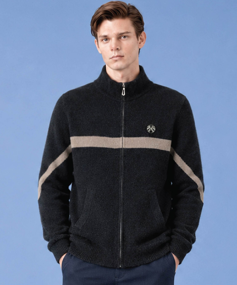 Men Brushed Spandex Full-Zip Heavy Knit Jacket - Brown