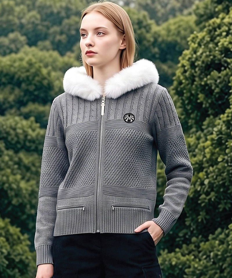 Women's Cashmere Rabbit Fur Knit Windproof Hooded Jacket - Gray