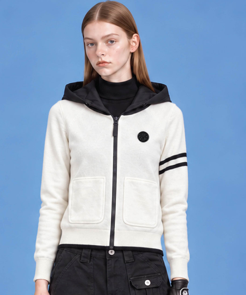 Women's  Cashmere Knit Windproof Padded Hooded Jacket - Ivory