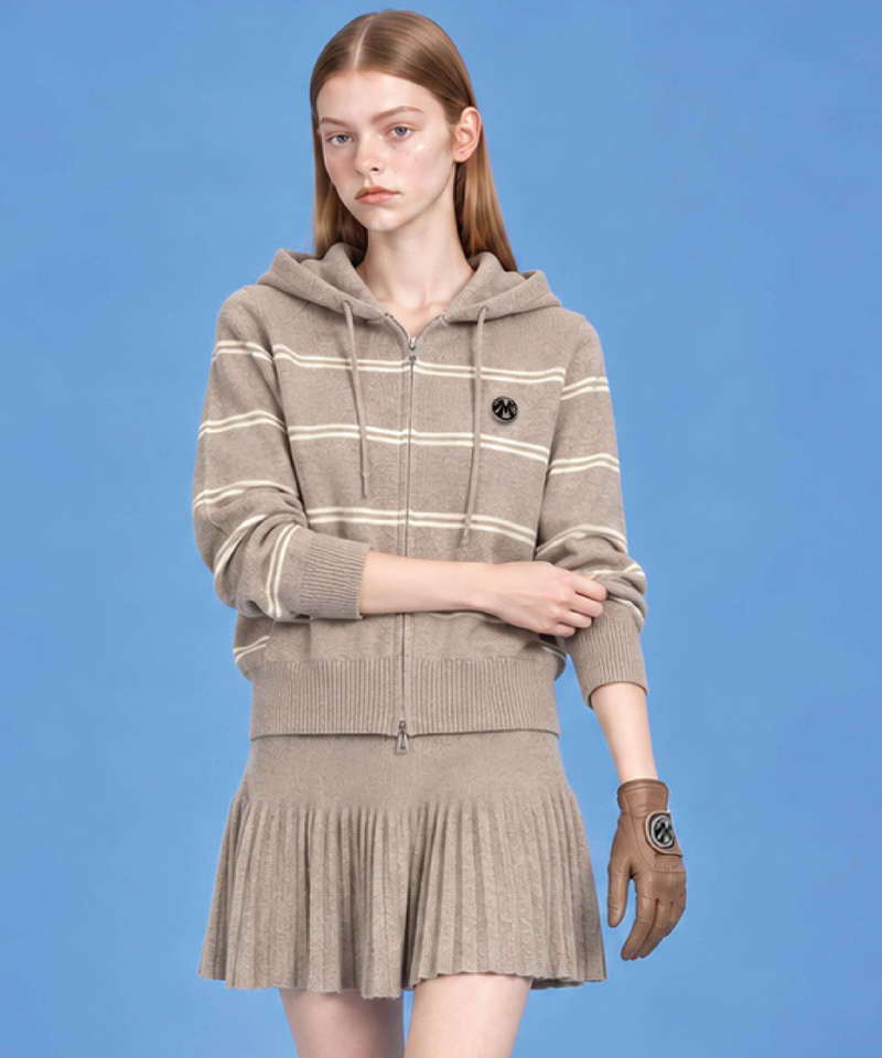 Hooded Knit Blouson Jacket and Knit Pleated Skirt Set (Top + Bottom) - Beige