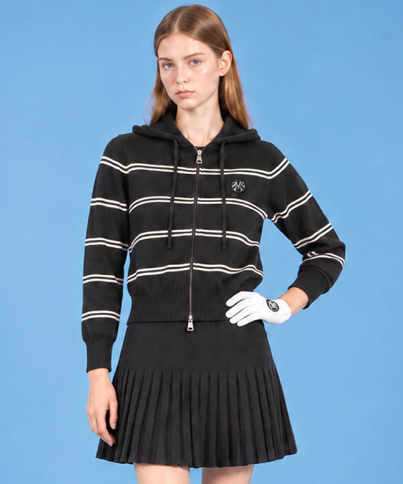 Hooded Knit Blouson Jacket and Knit Pleated Skirt Set (Top + Bottom) - Black