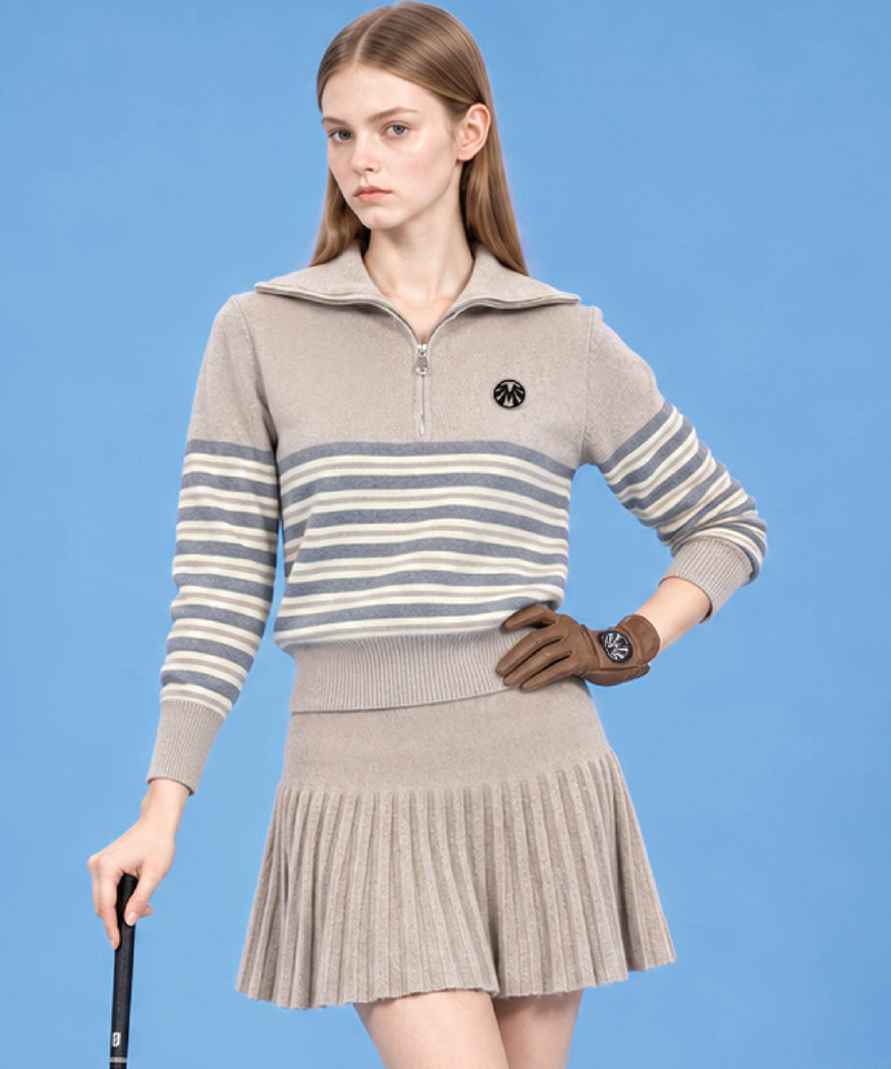 Knit blouson half-zip and knit pleated skirt set (Top + Bottom) - Beige