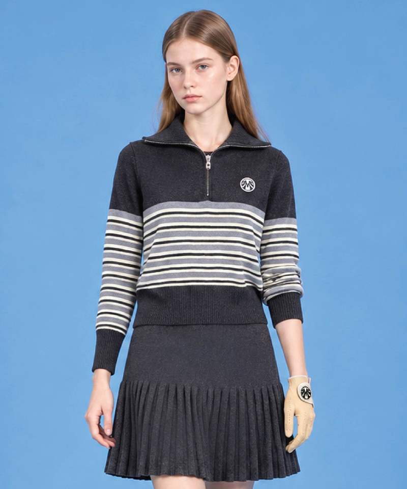 Knit blouson half-zip and knit pleated skirt set (Top + Bottom) - Gray
