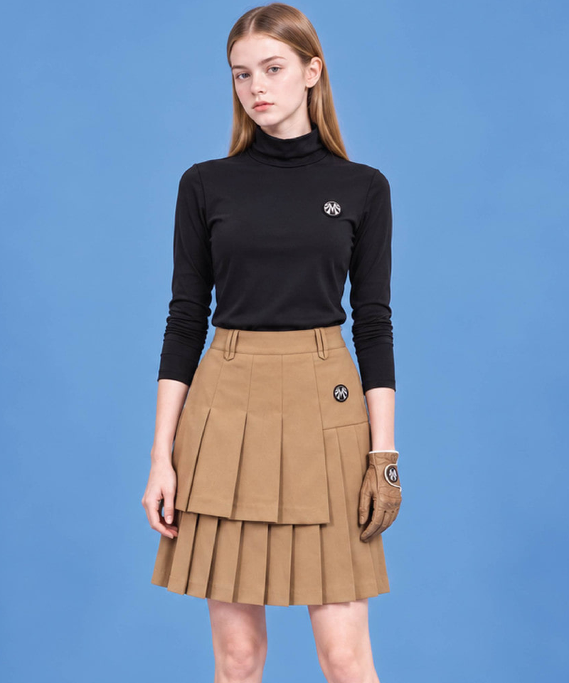 Cozy Shirred Turtleneck and Double Wrap Long Pleated Skirt Set (Top + Bottom)