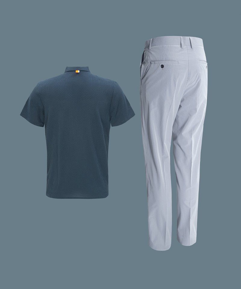 Mahes Golf men's Dandy Style Seersucker golf Outfit Set, top and bottom, back view