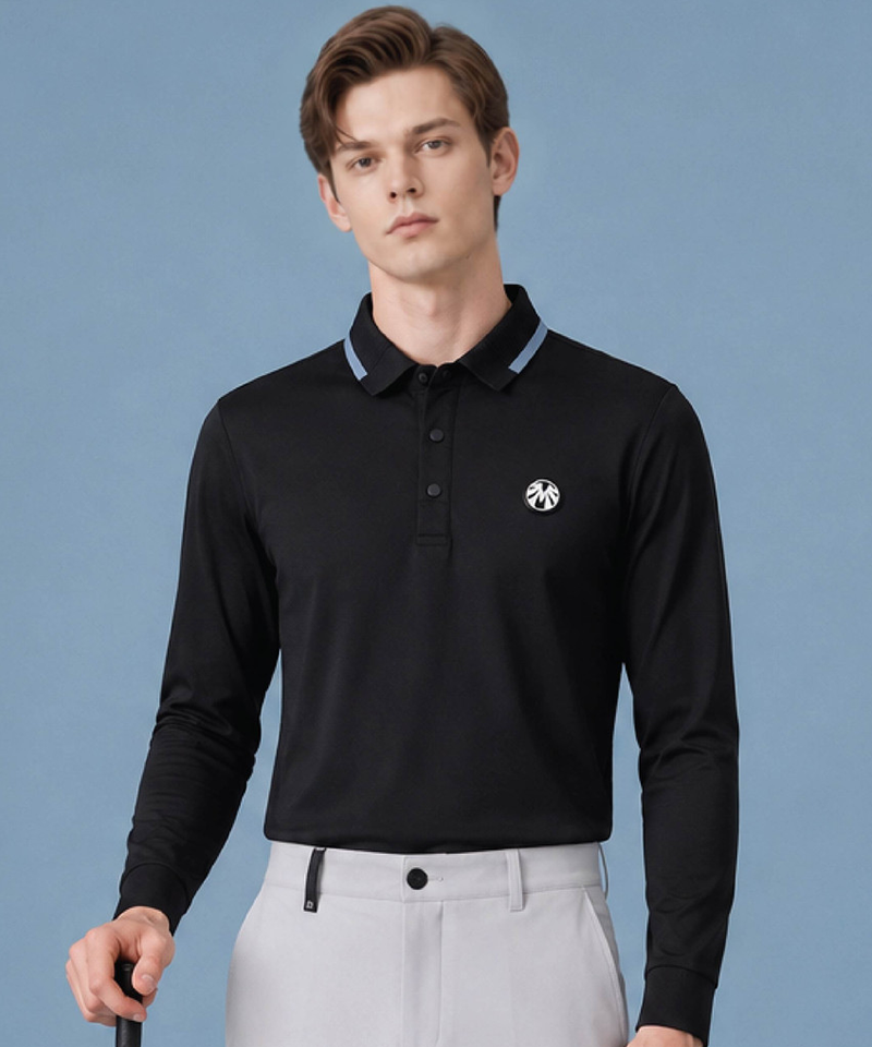 Men's Transitional Thickness Shirt-Style Long-Sleeve Collared T-Shirt With Details - Black