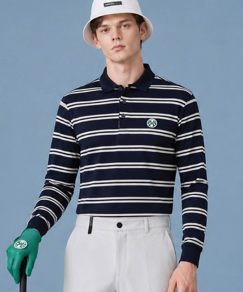 Men's Transitional Season Ribbed Collar Striped T-Shirt - Navy