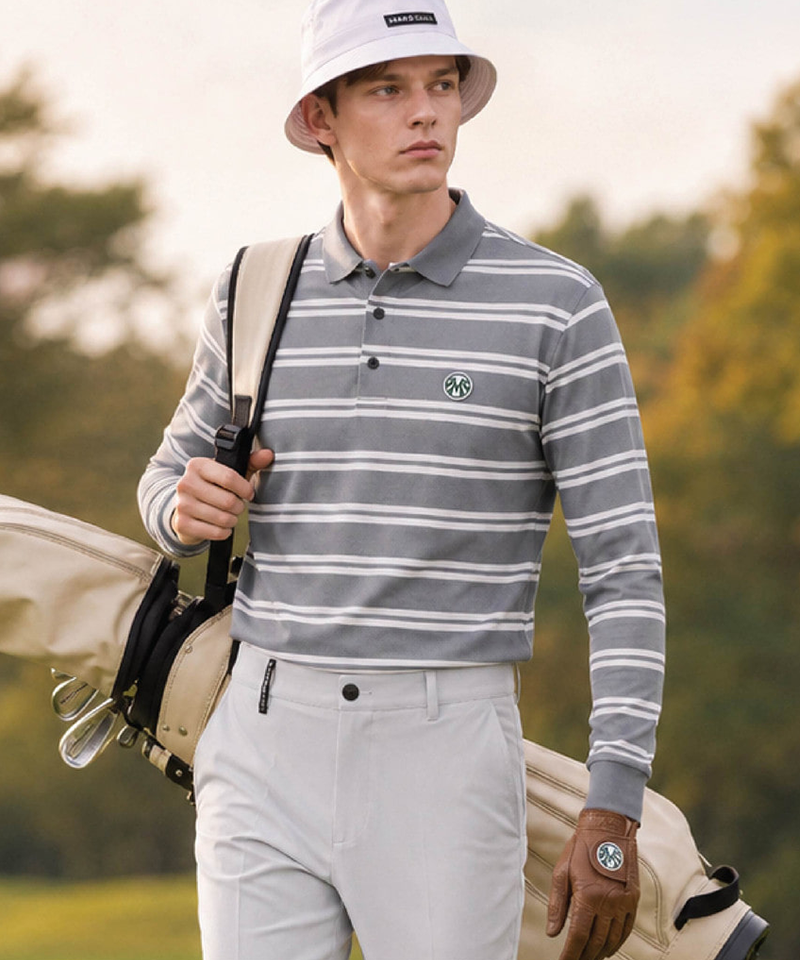 Men's Transitional Season Striped T-Shirt With Ribbed Collar Details - Light Grey