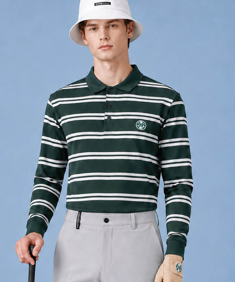 Men's Transitional Striped Ribbed Polo Shirt - Khaki Grey