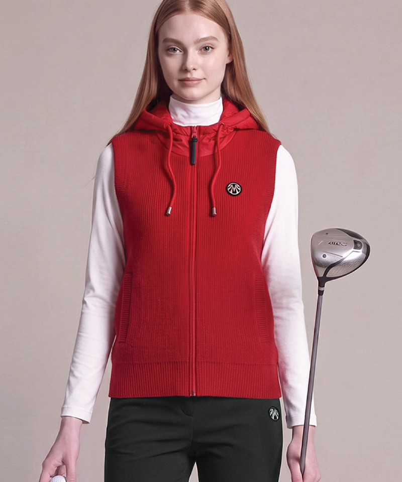 Women's Cashmere Knit Windproof Padded Hooded Vest - Red
