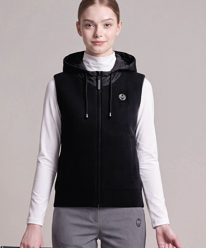 Women's Cashmere Knit Windproof Padded Hooded Vest - Charcoal