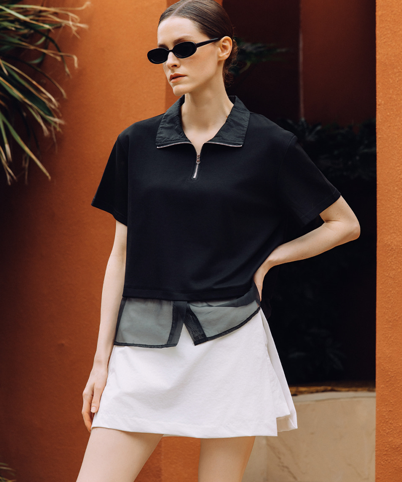 OBER GOLF Sheer Half-Zip Top - Black