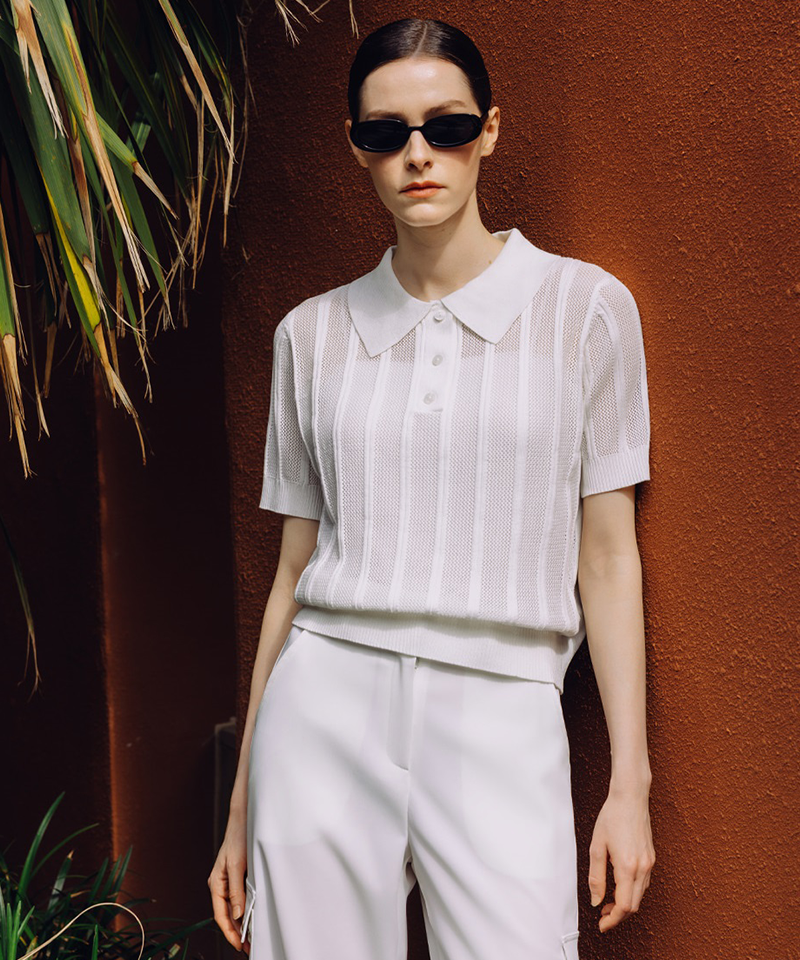 OBER Golf Airy Stripe Collar Knit - White