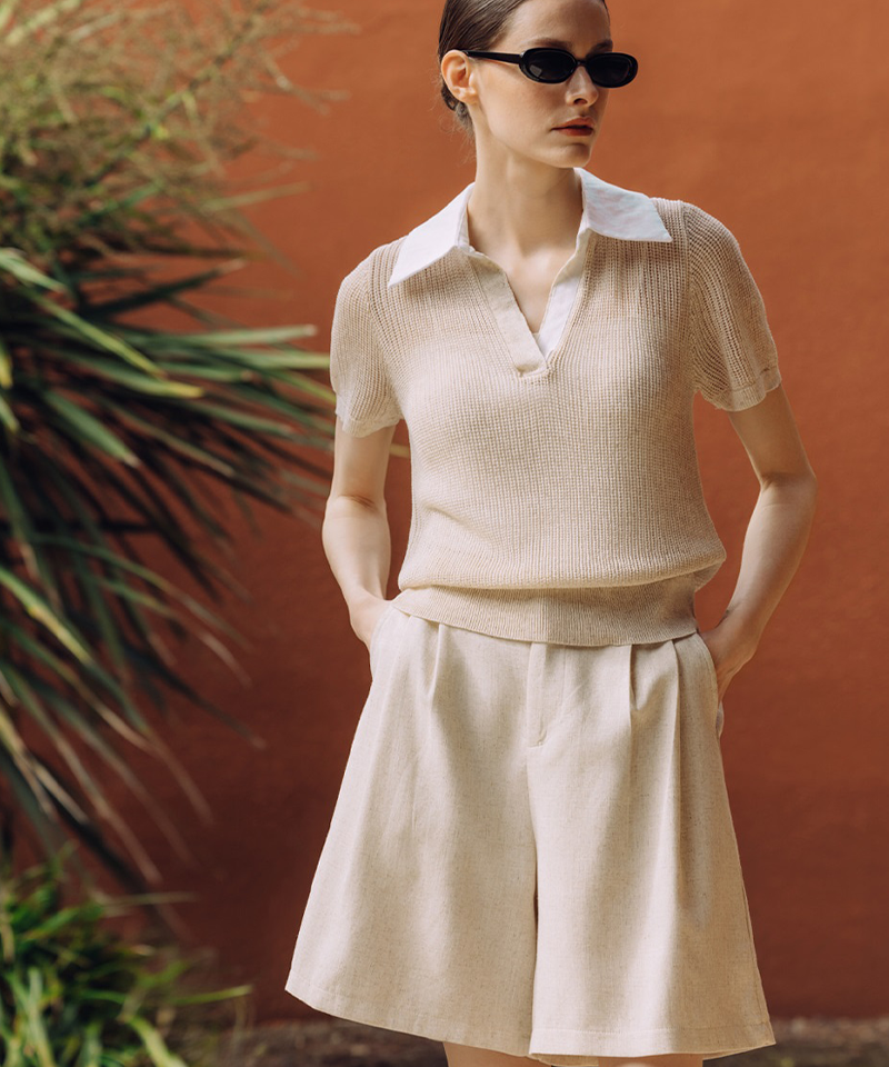 OBER Golf Linen Combination Mesh Knit Top - Beige