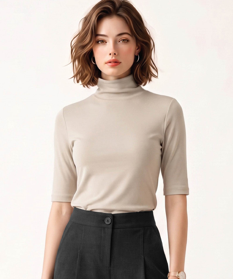 Women's Soft Modal Spandex Mock Neck 3/4 Sleeve T-shirt - Cobalt Beige