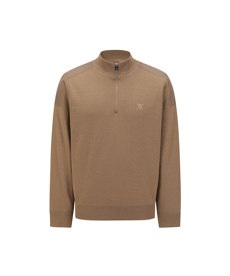 Men's Textured Windproof Half Zip Sweater - Camel