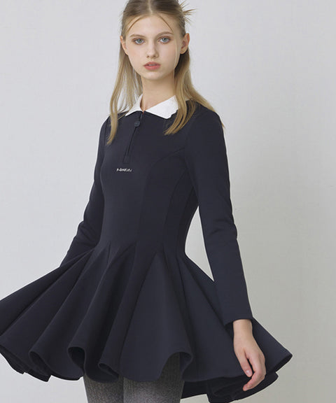 KANDINI Zip-Up Flared Dress - Navy