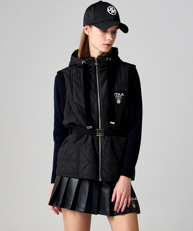 UTAA Women's Crown Knit Mix Hoodie Quilting Padding Vest - Black