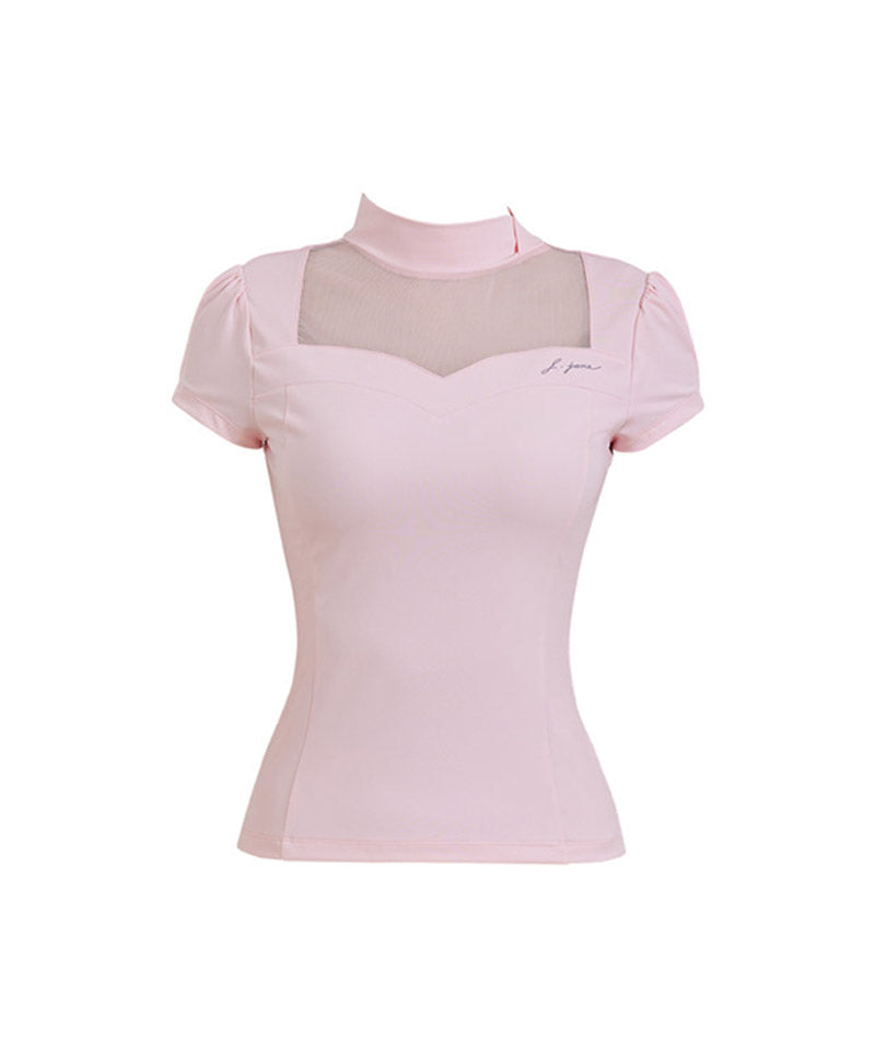 J.Jane Heart Neck See-Through Half Sleeve T-Shirt - Pink