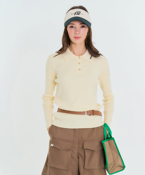 BENECIA 12 Ribbed Collar Button Knit - Ivory