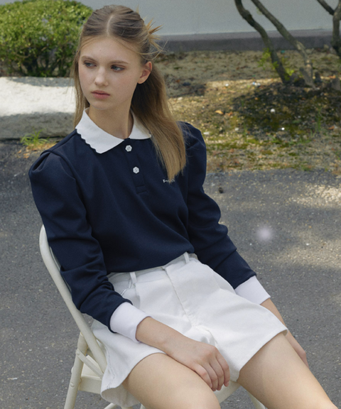 KANDINI Polo shirts with Puff sleeves- Navy