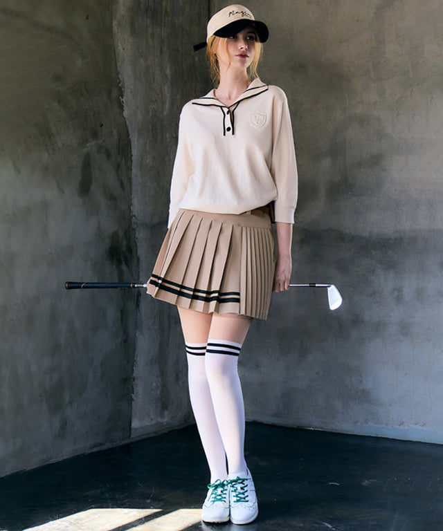 MAGIA Double Line Pleated Golf Skirt - Beige