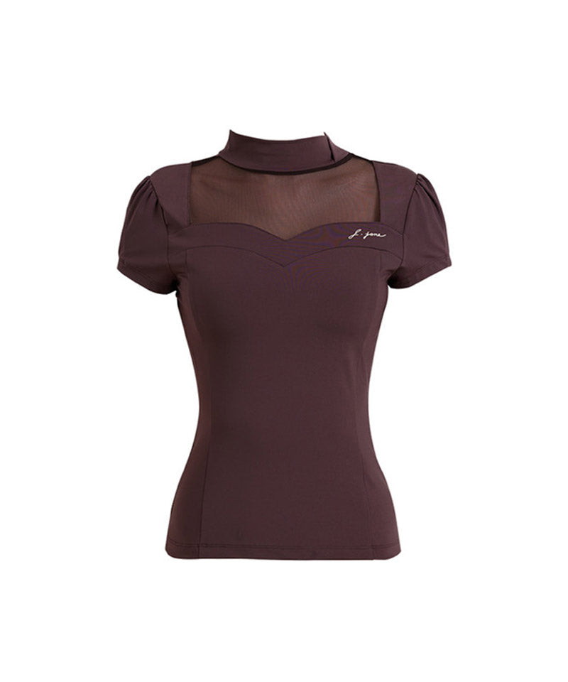 J.Jane Heart Neck See-Through Half Sleeve T-Shirt - Brown