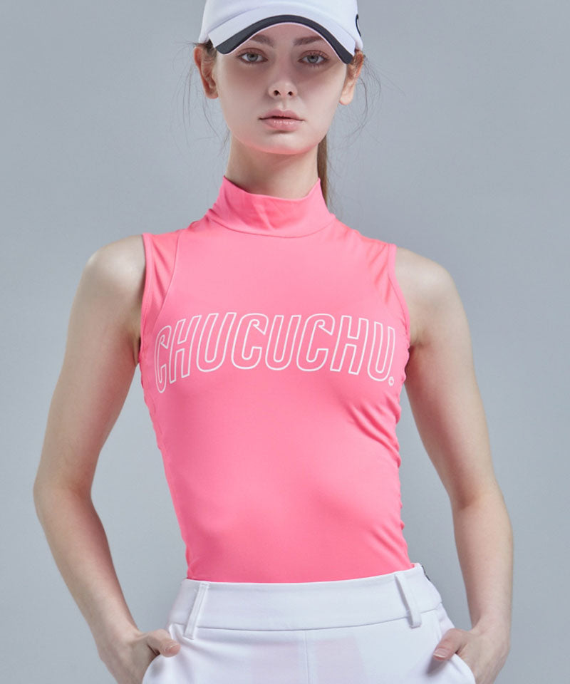 Logo Mock Neck Mesh Sleeveless Top - Hot Pink