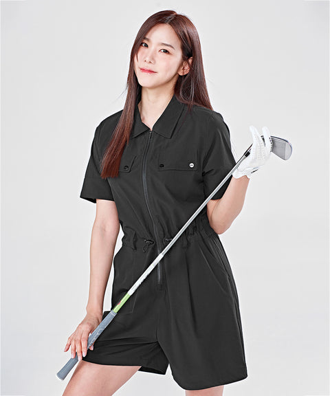 XEXYMIX Golf Comfy Woven String Zip-Up Jumpsuit - Black