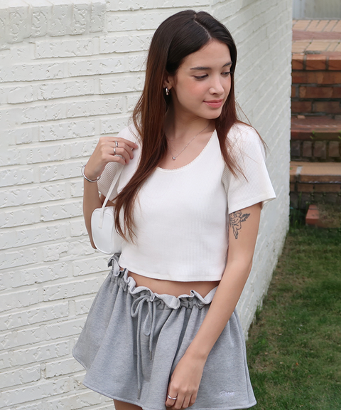 PIV'VEE Drawstring Ruffle Mini Skirt - Heather Grey
