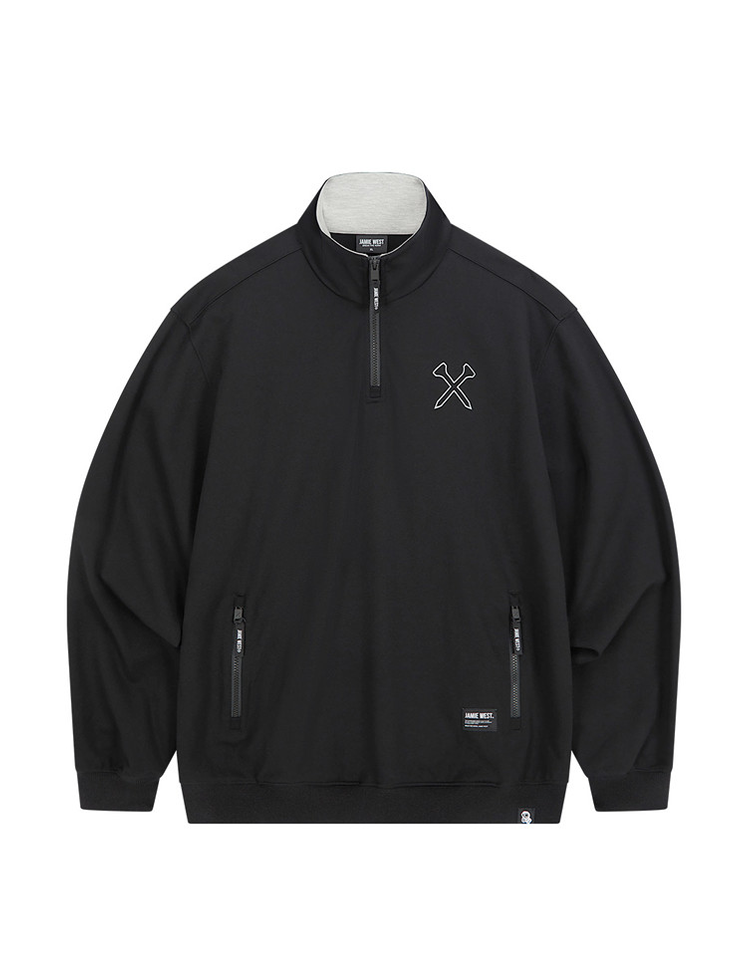 Jamie West High-Neck Half Zip-up Pocket Sweatshirts - Black