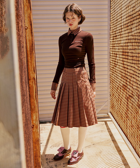 KANDINI Check Midi Pleated Skirt - Brown