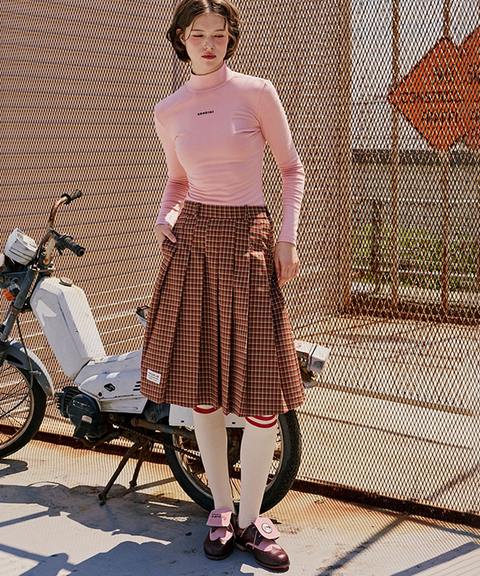 KANDINI Check Midi Pleated Skirt - Brown