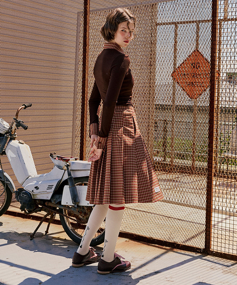 KANDINI Check Midi Pleated Skirt - Brown