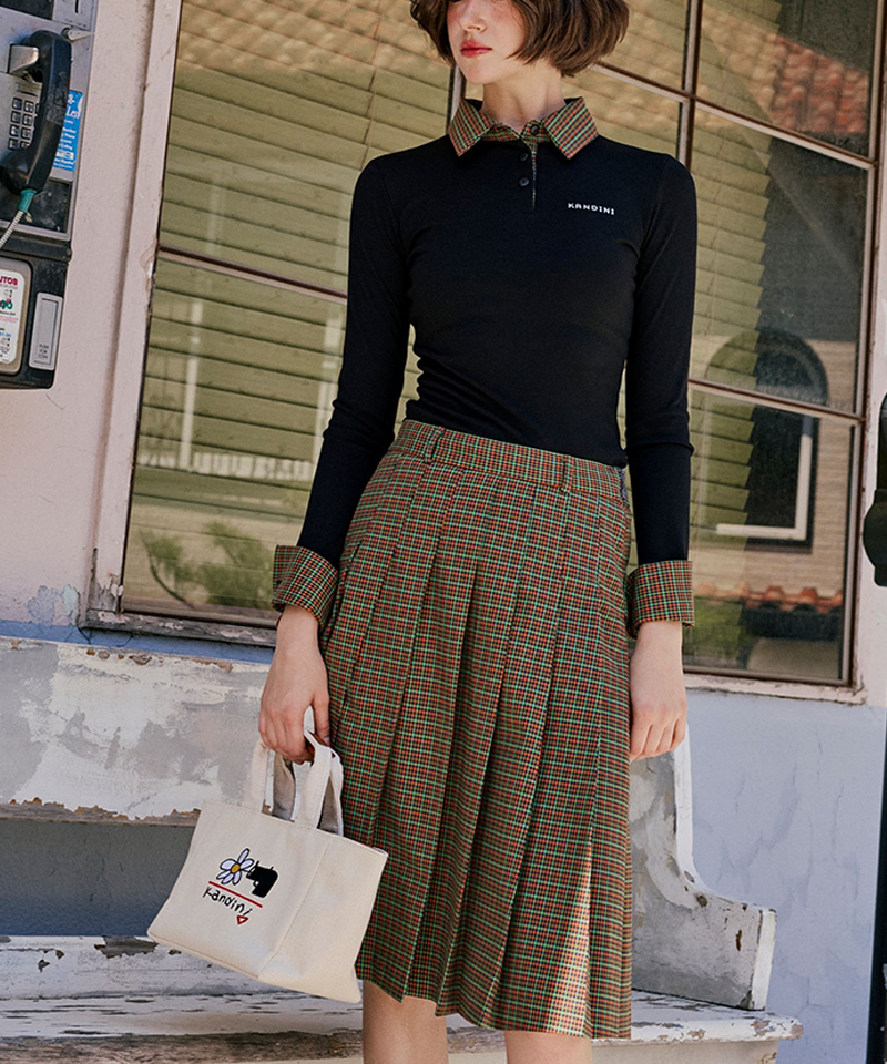 KANDINI Check Midi Pleated Skirt - Navy